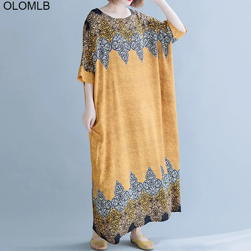 Plus Size Boho Dresses For Women Autumn Fashion Loose Art Ethnic Print Maxi Dress Robe Femme Batwing Dress 4XL 5XL 6XL 7XL 8XL
