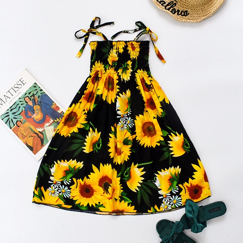 2022 Summer Girls Floral Dress Sling Ruffles Bohemian Beach Princess Dresses for Girl Clothing 2 6 8 12 Years With Necklace Gift dresses black	