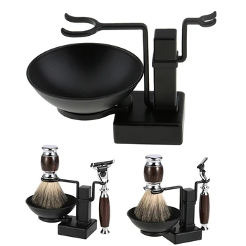 

Bathroom Barber Men Metal Shaving Rack Stand Set - Shave Brush Holder Shelf + Soap Mug Cup Bowl Black