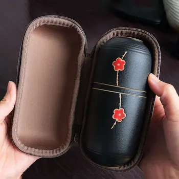 

Portable Black Pottery Concentric Cup Plum Blossom Travel Express One Pot, Three Cups with Ceramic Filter Office Gifts