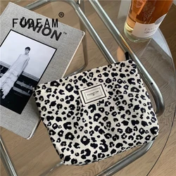 FUDEAM Leopard Women Cosmetic Bag Toiletries Organize Storage Travel Clutch Corduroy Female Large Capacity Zipper Makeup Bag