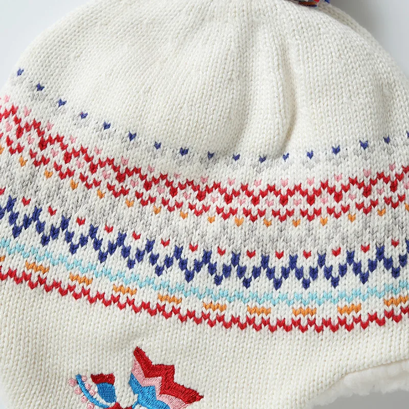 Соединительная плотная теплая хлопковая Милая жаккардовая белая зимняя шапка с подкладкой из искусственного меха, вязаная шапка с наушниками, шапка с черепом и помпоном