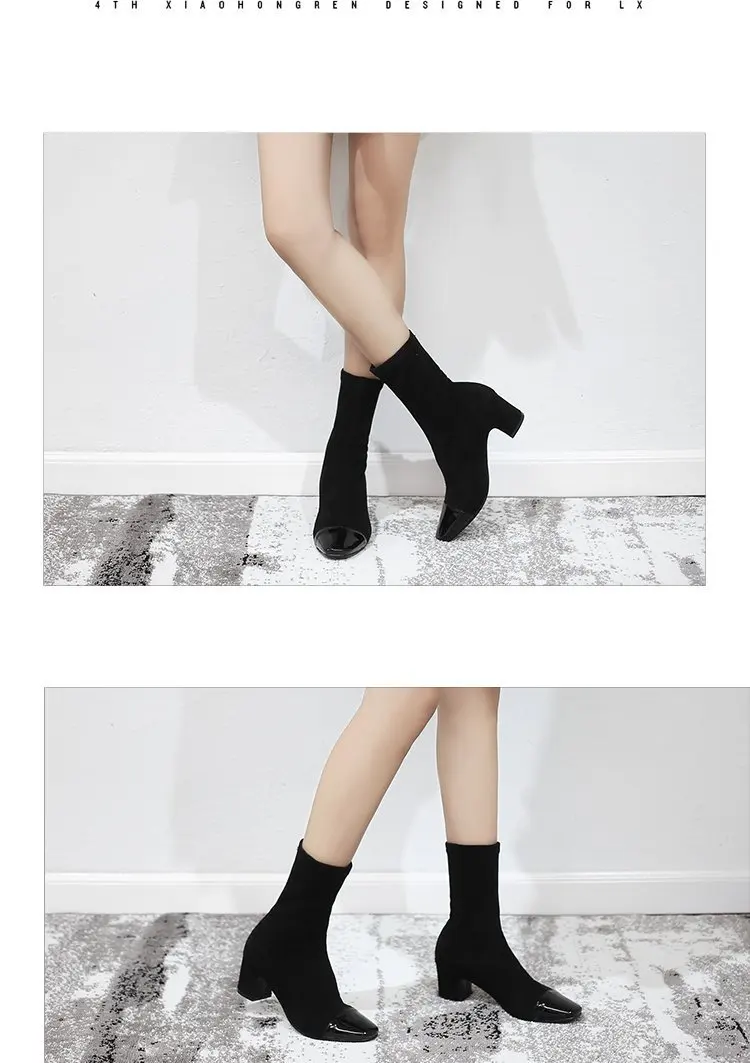 Botas mujer invierno/ г.; новые флоковые ботинки; женские модные ботинки на квадратном каблуке; сезон осень-зима; botte femme; A00349