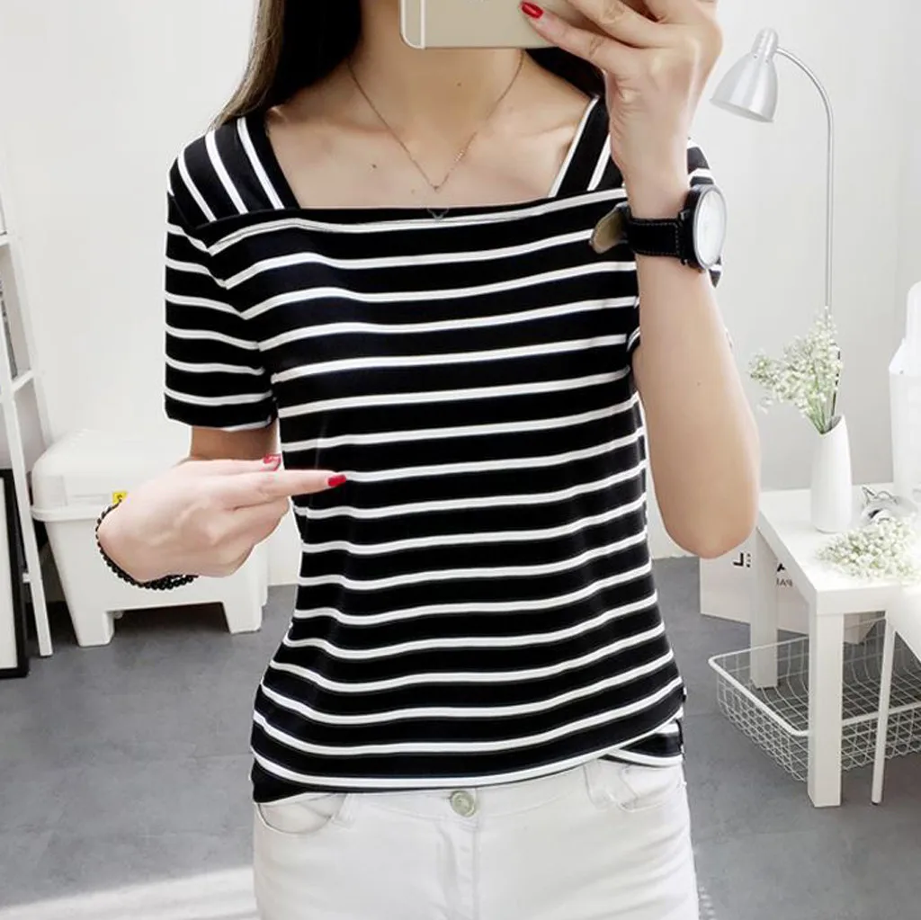 Красивая летняя полосатая VogueTshirt для женщин с коротким рукавом, Облегающая рубашка с квадратным вырезом, женская уличная одежда