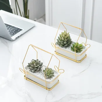 

Nordic Creative Rectangular Succulent Flower Pot with Metal Frame Decoration Balcony Green Plant Desktop Decoration Potted Plant