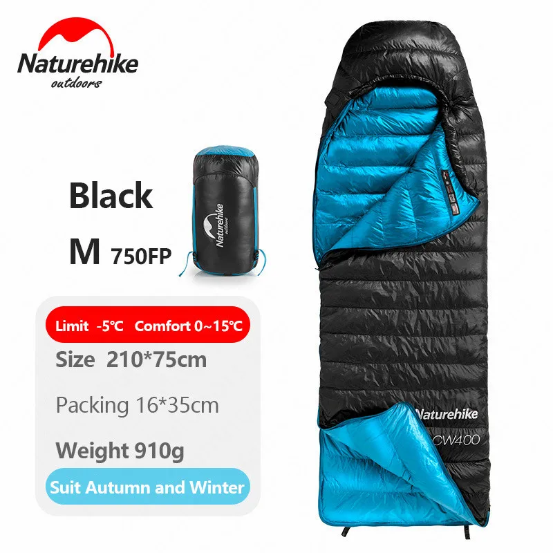 Naturehike CW400 750FP Открытый спальный мешок для кемпинга конверт Тип белый гусиный пух спальный мешок зимний теплый ленивый спальные мешки - Цвет: Black M-750FP