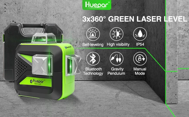 Huepar 3x360° Cross Lines 3D Bluetooth Connectivity Green Beam  Self-Leveling Laser Level with Li-ion Battery & Hard Carry Case - AliExpress