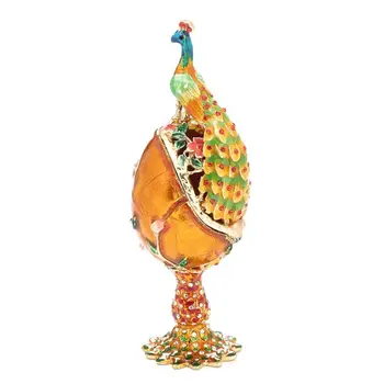 

Peacock Faberge-Egg Hand Painted Jewelry Trinket Box Gift for Easter Home Decor 83XF