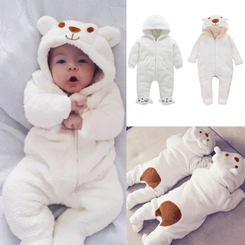

Cartoon Bear Flannel Footed Romper New Born Baby Clothes Boy Winter Thick Bed Crib Jumpsuit Toddler Girls Home Pajamas Rompers