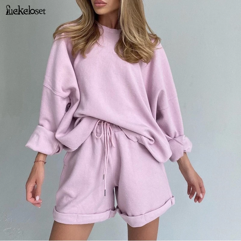 

Casual Basic Women's Two Pieces Set Long Sleeve Loose Shirt And Skinny Shorts Set Streetwear Solid Color Drawstring Matching Set