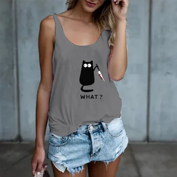

Ropa De Mujer Women Halloween Casual Blouses Cat Letter Fun Print Sexy Tank Tops Sleeveless Vest Tees Top Femal T-shirt Camisole
