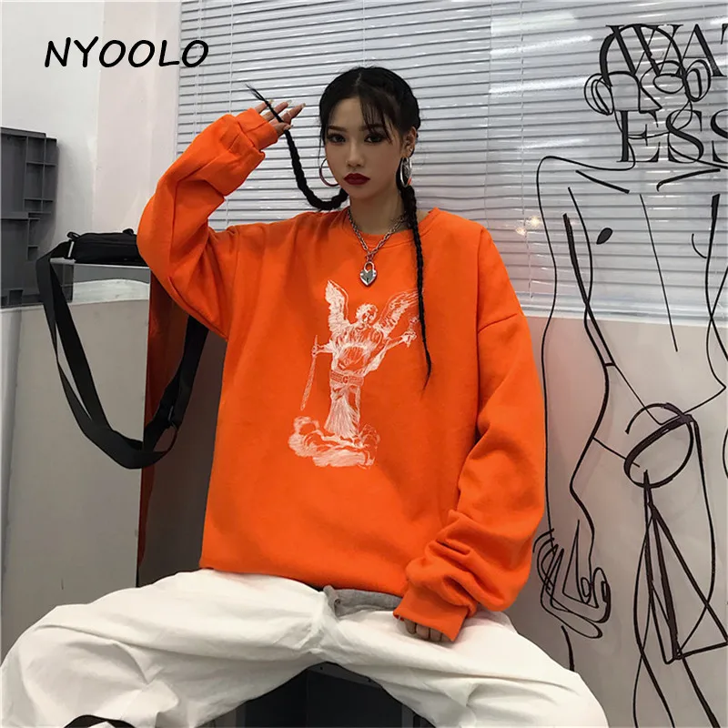 NYOOLO Vintage streetwear portrait print warm hoodies Autumn winter long sleeve O-neck pullovers fleece sweatshirt women men top