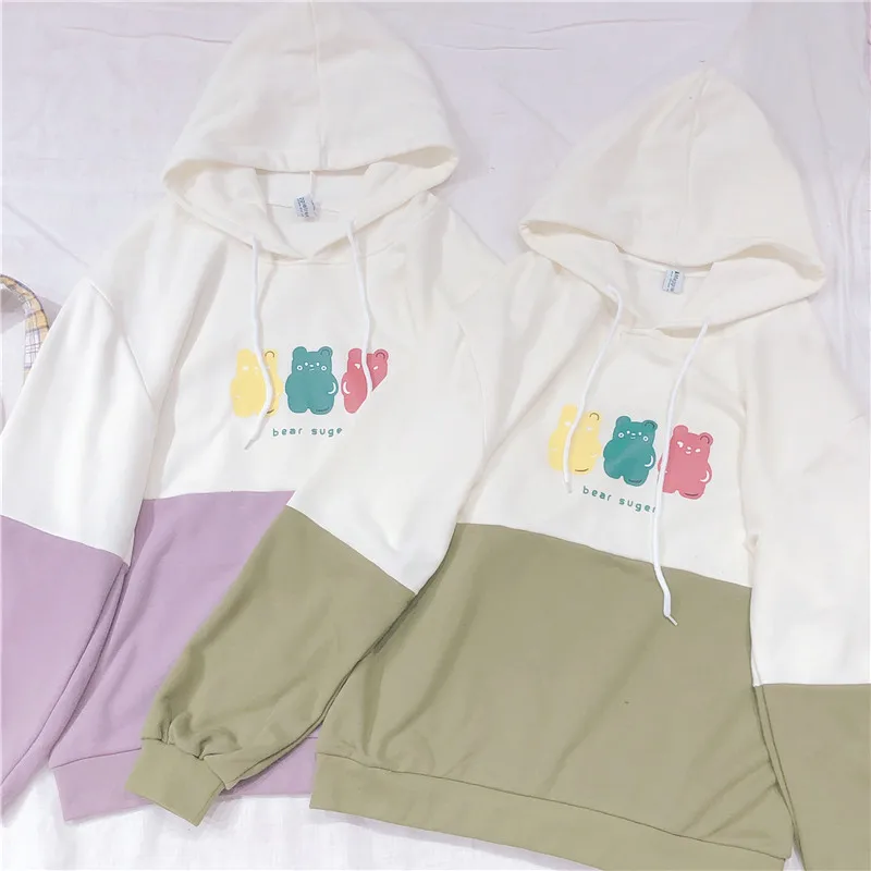 

Mori Girl Cute Three Bears Printed Lolita Hoodies Sweatshirts Harajuku Kawaii Long Sleeve Hooded Bestie Clothes Student Autumn