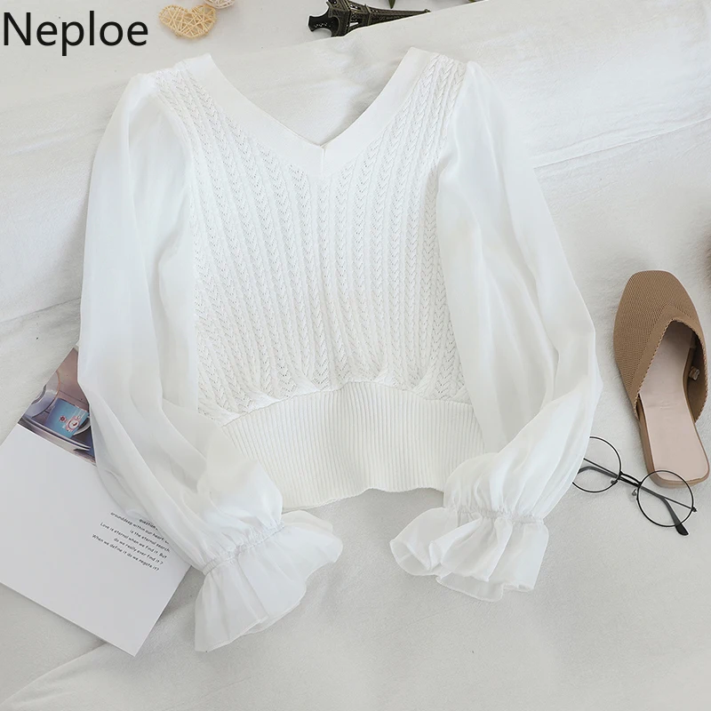 Neploe Fashion Patchwork Mesh Blouse Women V Neck Knit Flare Long Sleeve Blusas Autumn Spring New Slim Shirt Elegant 47108