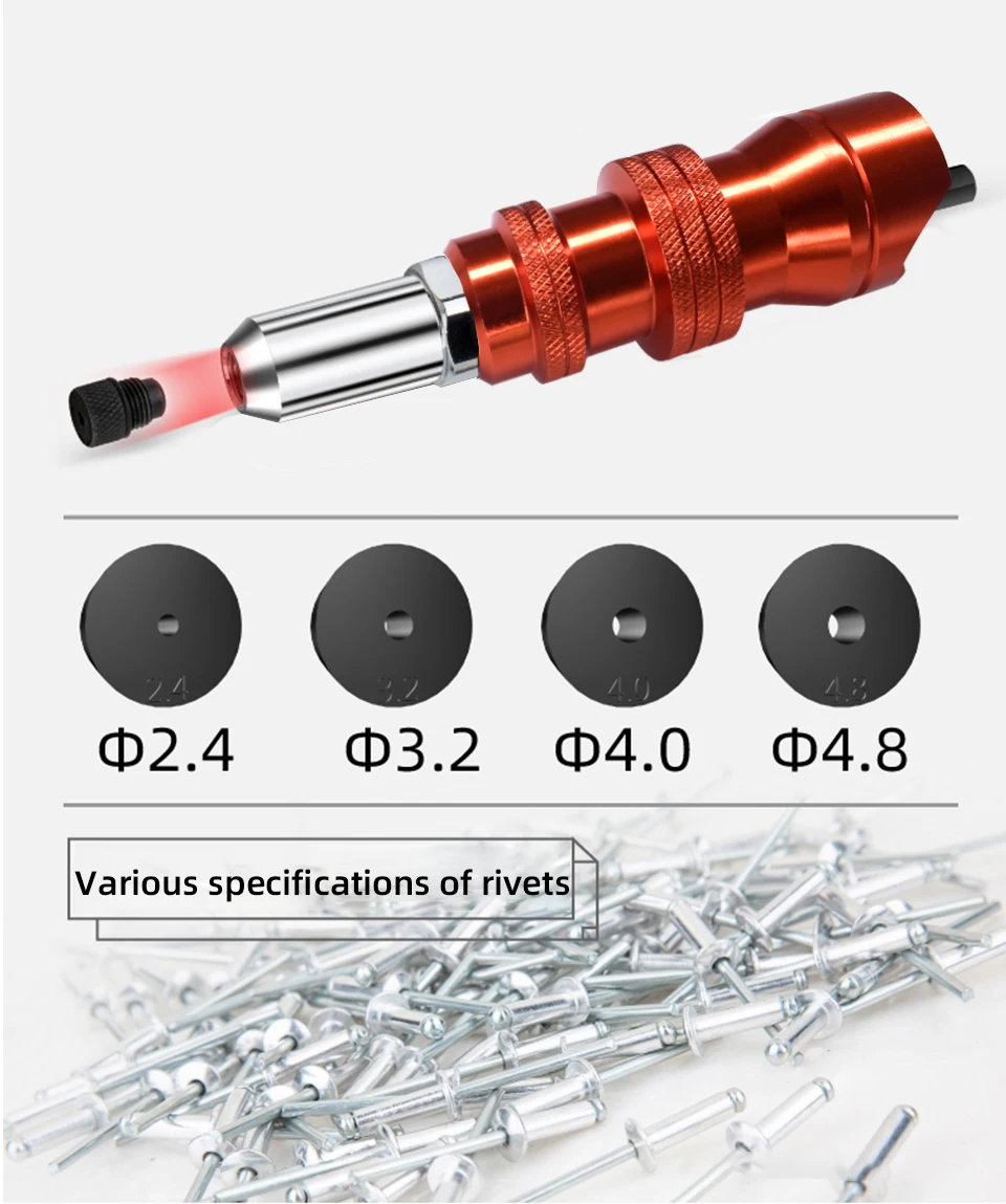 Upgrade Electric Rivet Gun 2.4mm 4.8mm Riveting Adapter Insert Cordless