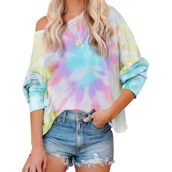 

Sexy Tie Dye Printed Hoodies Women Summer Casual Long Sleeve Casual Top Summer Autumn Round Neck Soft Cotton Sweatshirt 2020