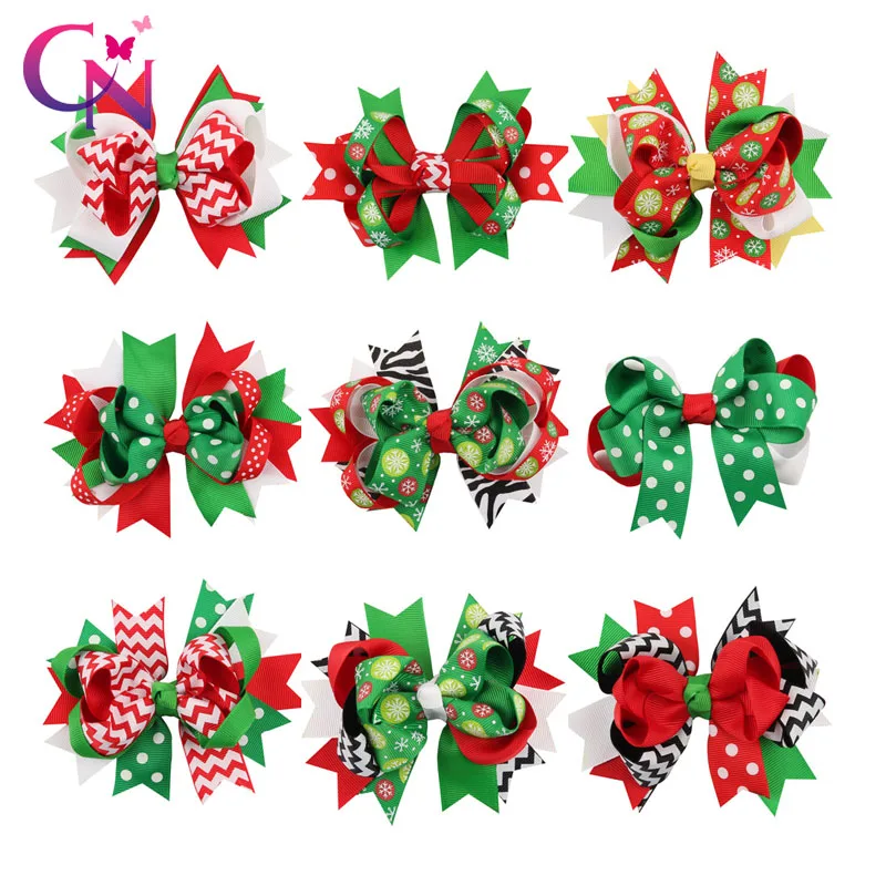 

CN 13Pcs/lots 5''Christmas Hair Bows For Kids Printed Snow Layered Green Tree Dots Hair Clips Hairpins Festival Hair Accessories