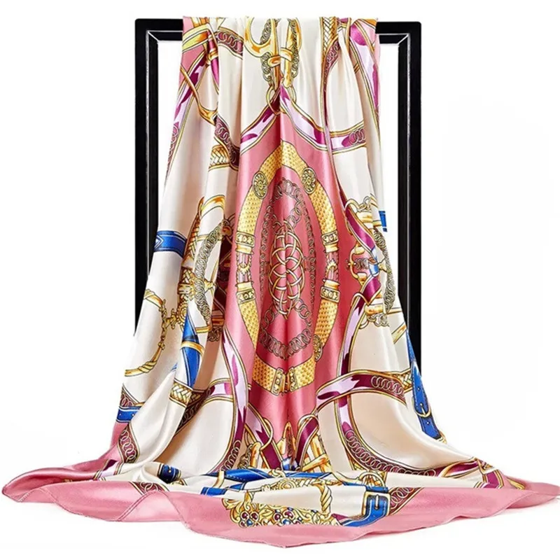 Модные шарфы с принтом для женщин Шелковый сатиновый хиджаб шарф Женский 90*90 см роскошный бренд квадратная платочная повязка на голову шарфы для дам - Цвет: 19