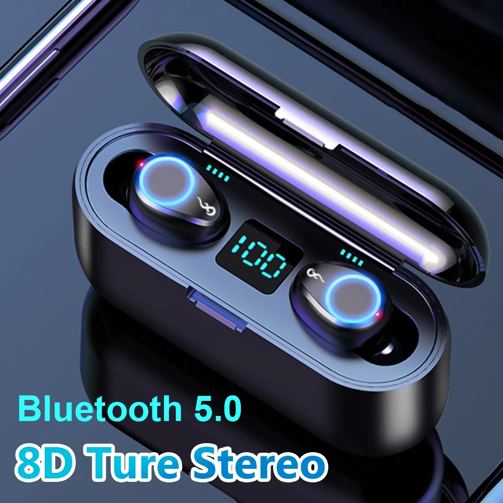 Беспроводные наушники Bluetooth 5,0, спортивные водонепроницаемые наушники с громкой связью F9 TWS, гарнитура с внешним аккумулятором 2000 мАч