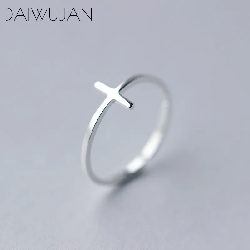 

DAIWUJAN Minimalist Cross 925 Sterling Silver Open Ring Personality Plus Tail Ring For Femme Women Party Jewelry Gift