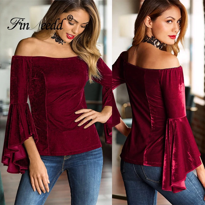 

Aututmn Winter 2019 Off Shoulder Top Flare Sleeve Three Quarter Slash Neck Solid Slim Elegant Party Top Plus Size Women tops