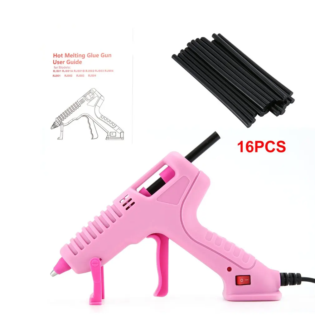16pcs Black RJ801 30 Вт термоплавкий клеевой пистолет с клеевым стержнем для DIY ручной работы, инструменты для ремонта игрушек, электрические термоклеевые пистолеты розового цвета, американский тип - Color: 16pcs Black