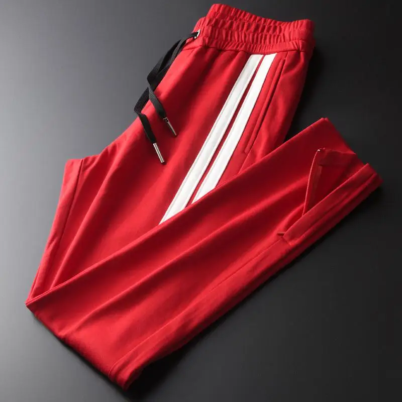 RED HW-19055K Minglu красные мужские брюки Роскошные ленты полосы повседневные спортивные мужские брюки осень мода тонкий эластичный пояс мужские брюки размера плюс 4XL - Цвет: RED HW-19055K
