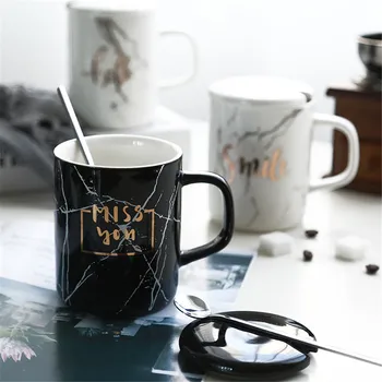 

Nordic 400ml Marbled Ceramic Water Cup with Lid Spoon Ins Couple Breakfast Juice Milk Mug Vogue Office Coffee Cups Black White
