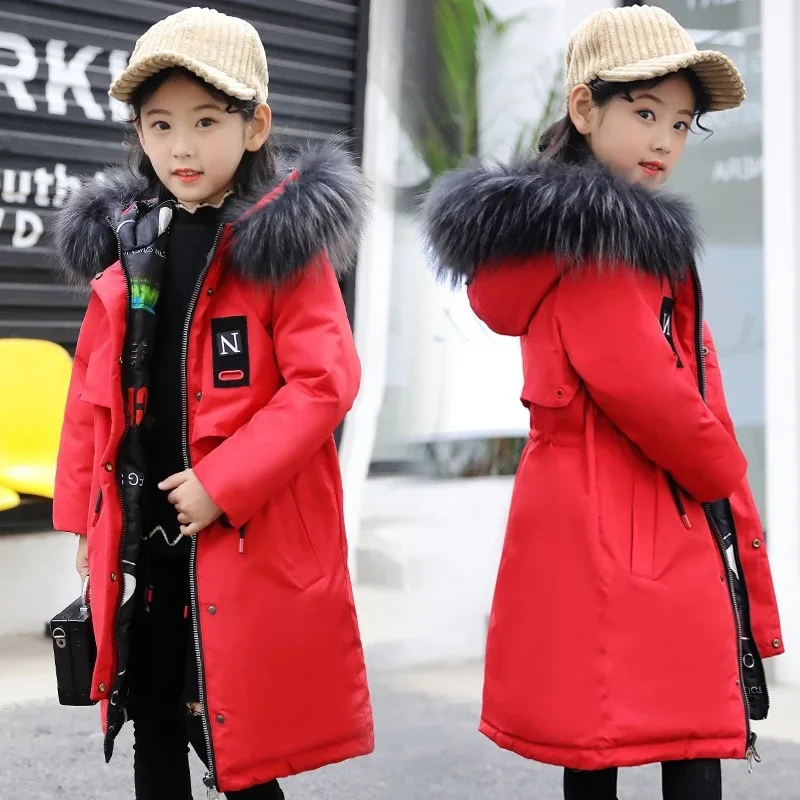 Детская куртка на пуху; зимний пуховик с капюшоном, теплая длинная куртка для Одежда для девочек с обеих сторон, Детская парка, одежда для девочек, пальто