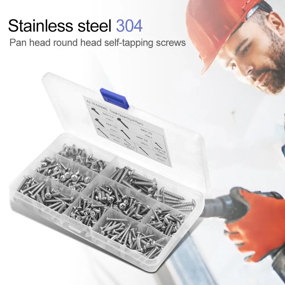 

410pcs M3/M4/M5 Self-tapping Screws Mixed Round Head Screw Bolts Assortment Kit with Box 178x98x23mm Woodworking Accessories