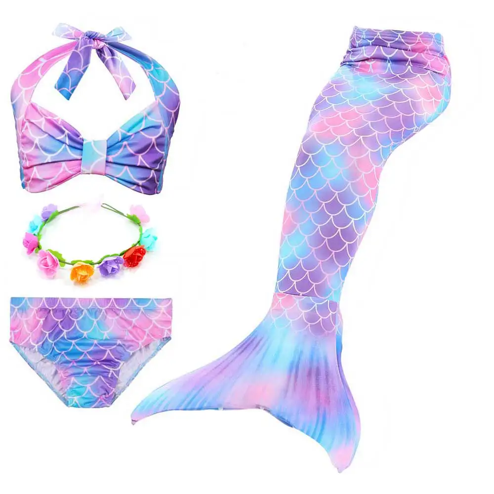 Girls Walkable And Swimmable Mermaid Tail Swimsuit Cosplay Costume Kids Children Bikini And Sparkle Mermaid Swimtail - Цвет: 4pcs Set 1