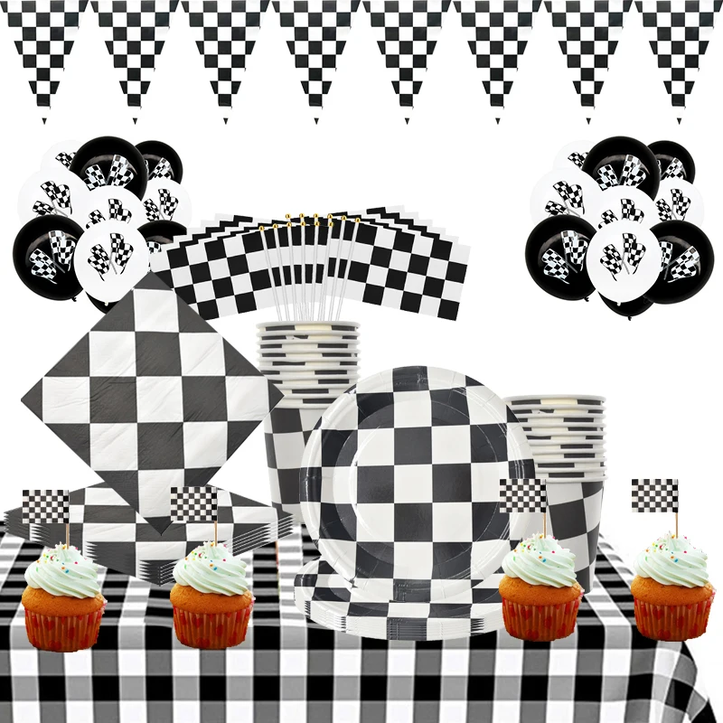 

Racing Car Anniversary Themed Party Deco Servies Disposable Tableware Set Black & White Flag Grid Birthday Party Supplies