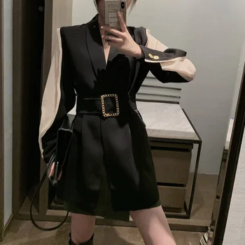 

CBAFU vintage patchwork black women blazer with belt spring autumn long sleeve pocket long jacket streetwear coat outwaer P984