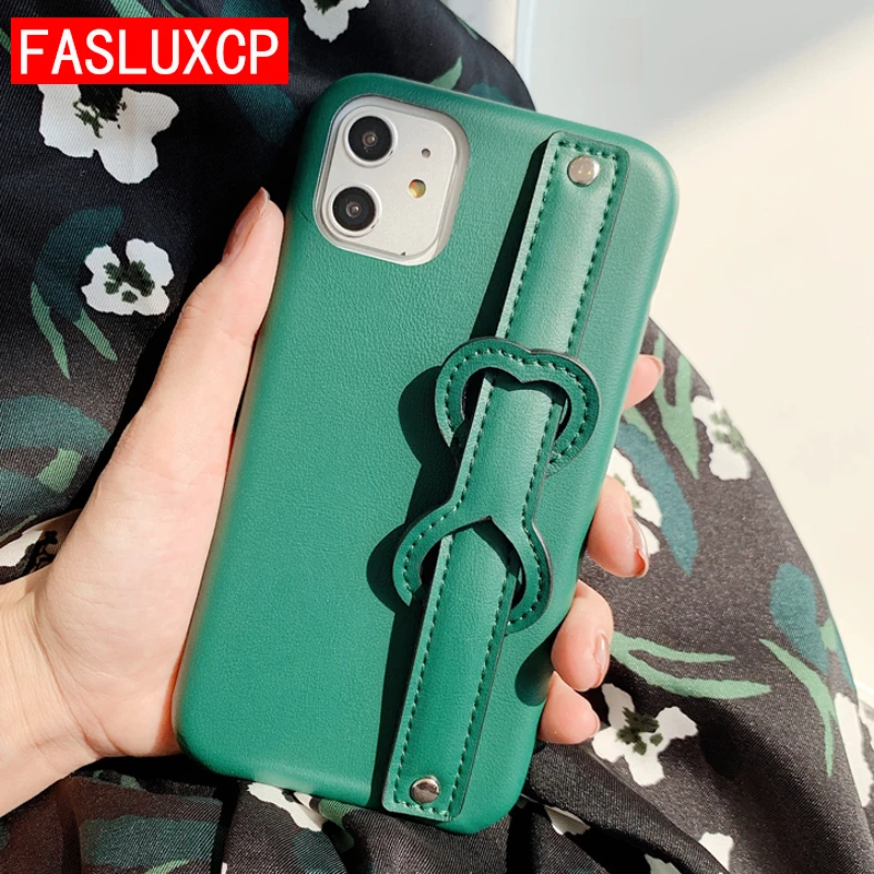 

Luxury Leather Wrist Strap Phone Back Case for iPhone 11 Pro Max 7 8 Plus XR Xs X XS Max Coque Stylish Stand Holder Cover Funda