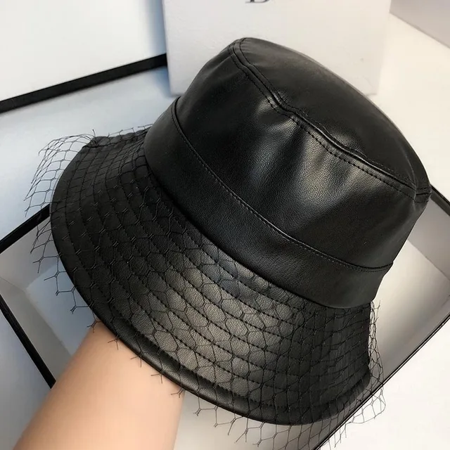 MAXSITI U NEW Spring Fall Veil Net PU Leather Bucket Hat Women's Fashion Casual Pure Color Fisherman's Basin Cap black