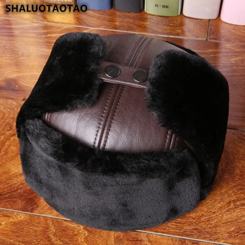 

SHALUOTAOTAO Winter Thicken Thermal New Bomber Hats For Man Quality Cowhide Genuine Leather Hat Plus Velvet Earmuffs Dad's Caps