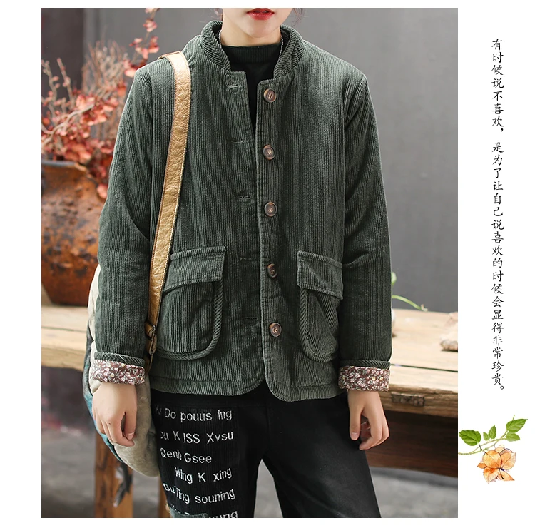Corduroy Women Parkas Autumn Winter Big Size Cotton-padded Single-breasted Pockets Solid Color Women Warm Coat YoYiKamomo