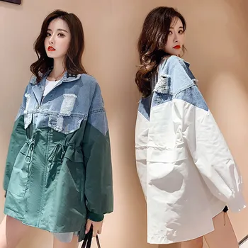

Women Designer Shirts Jeans Patchwork Blouses Ladies Turn Down Collar Shirts Full Sleeve Pockets Autumn Spring Fashion BY107