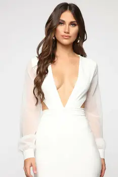 

2019 Fashion Women Sheer Deep V-Neck Bodysuit Romper Backless Jumpsuit Mesh Long Sleeve Pullover Tops Ladies Casual Overall hot
