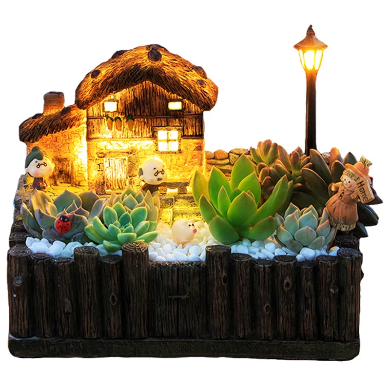 

Resin Flower Pot with Lamp for Succulents Plants Creative Planter for Small Bonsai Micro- Landscape Garden Decoration