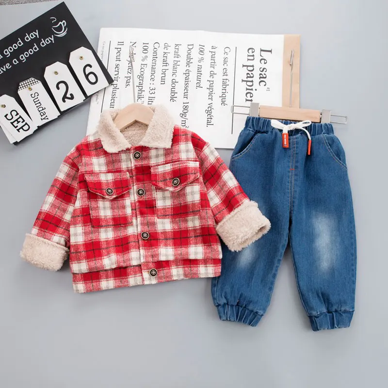 baby girls 2pcs toddler boys girls warm outfit girls winter clothes sets casual Plaid Cotton Coat+pants suit