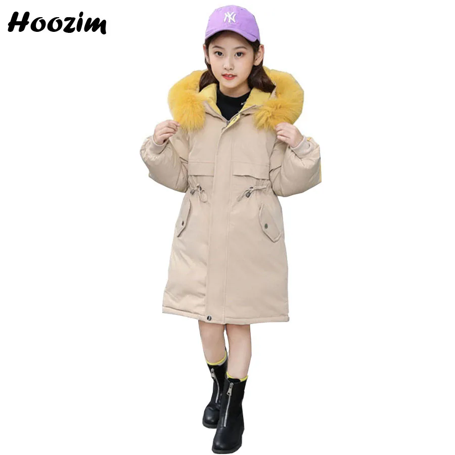 

High Street Quilted Jacket For Girls 4-12 Year Fashion Faux Fur Cap Parka Children Winter Solid Drawstring Waist Long Coat Girls