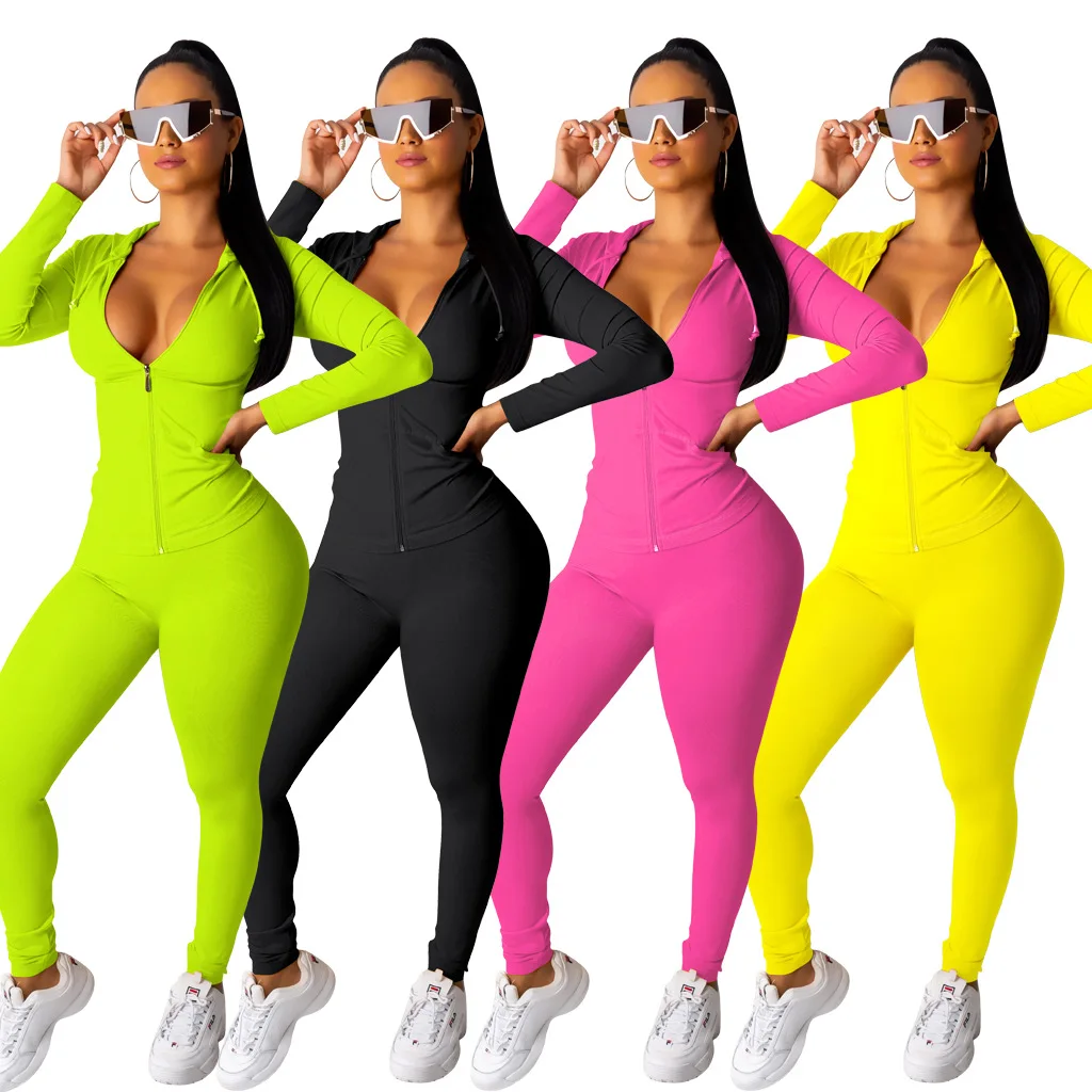 

2019 Europe and the United States autumn new women's fashion casual solid color zipper long-sleeved sports suit two-piece