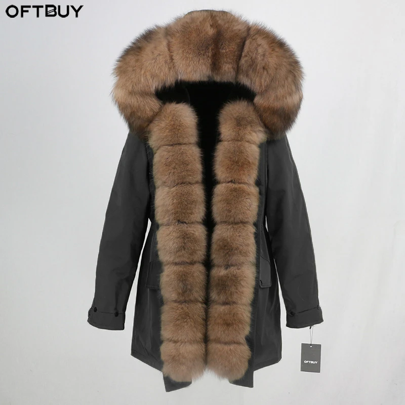 Женская парка со съемным мехом OFTBUY черная Водонепроницаемая длинная куртка