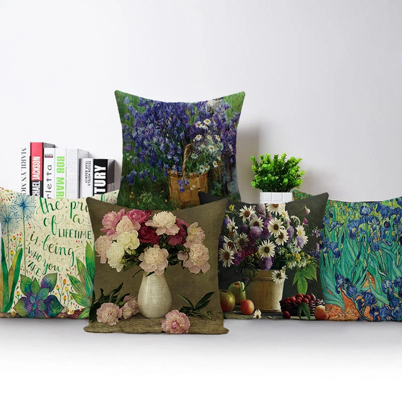 

Oil Painting Flower Floral Art Home Decorative Sofa Throw Pillow Case Polyester Square Car Chair Living Room Cushion Cover