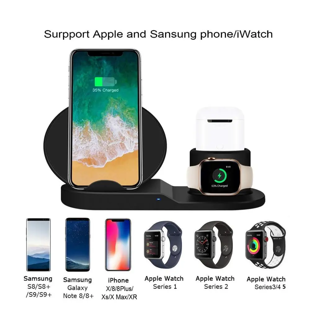 3 в 1 Qi Беспроводная Быстрая зарядка док-станция Подставка для Airpods Apple Watch 4 3 iPhone 8 X XS Max XR 10 Вт Быстрая зарядка для samsung S9 S8 S7