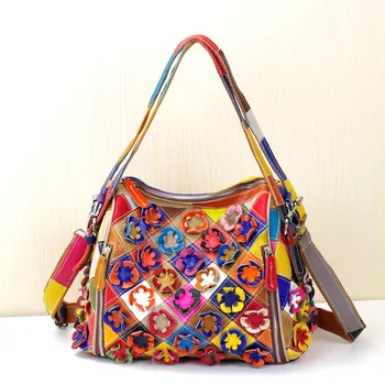 

Beautiful Handmade Flowers Genuine Leather Women Handbag Casual Patchwork Crossbody Shoulder Bags