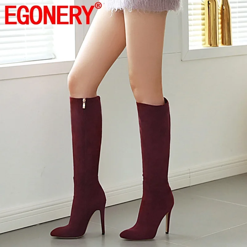 

EGONERY winter new fashion sexy knee high boots outside high heels pointed toe flock party women shoes drop shipping size 33-45