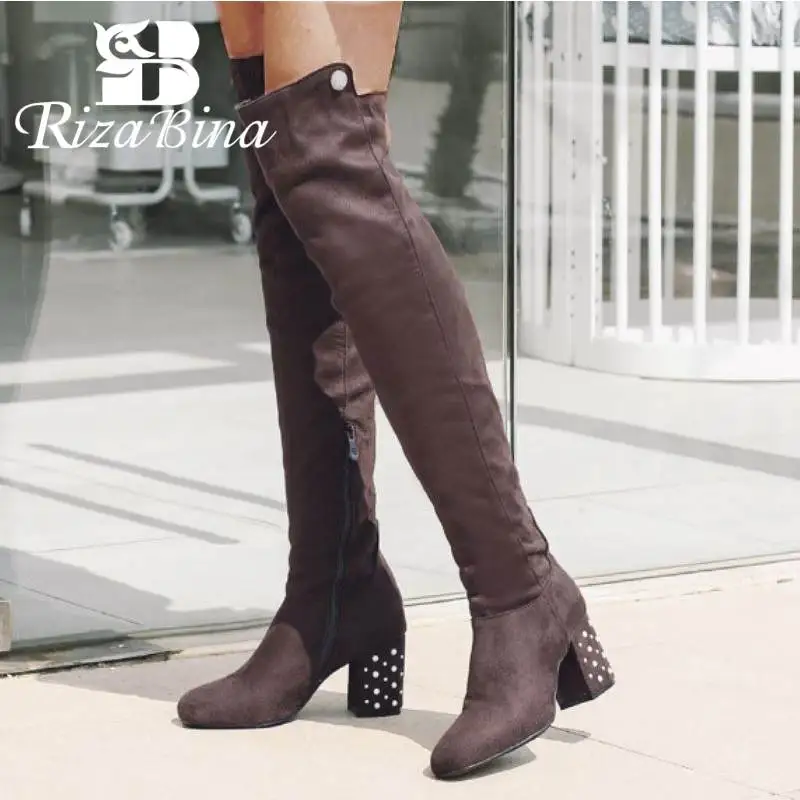 RIZABINA Big Size 34-47 Women Thigh High Boots Winter Keep Warm Fur Shoes Women Fashion String Beads High Heels Long Boots