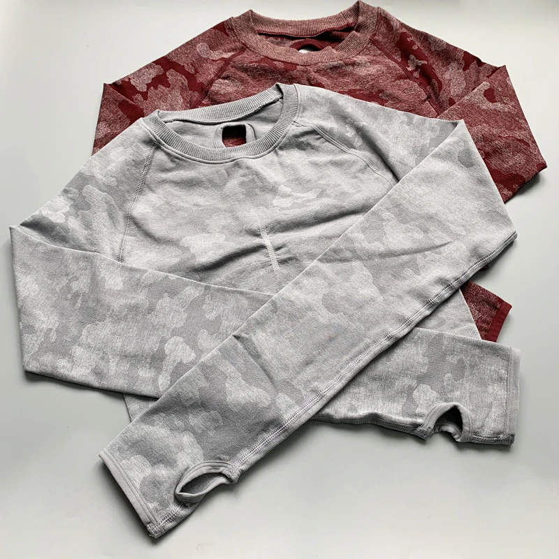 Nepoagym Women Camo Seamless Cropped Top Seamless Long Sleeve Top Sports Wear for Women Gym Yoga Shirt Crop Workout